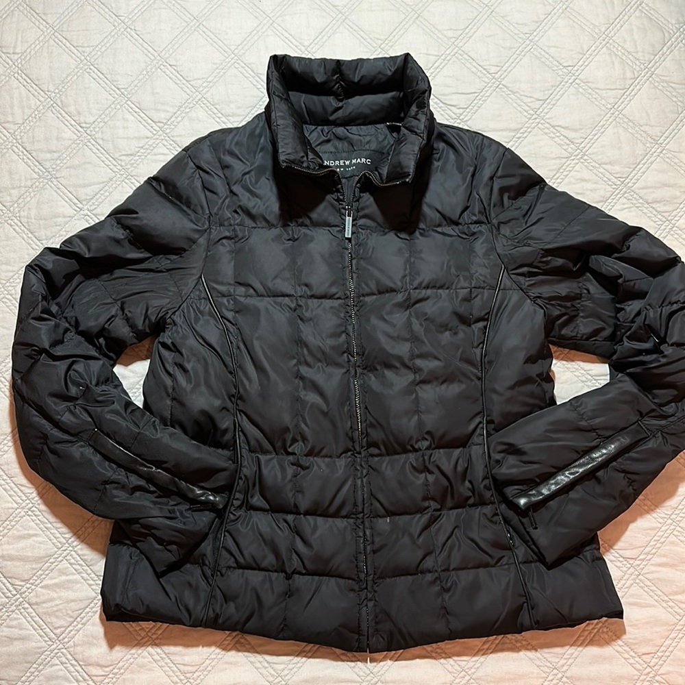 Andrew Marc genuine down puffer coat, genuine leather trim, size Medium
